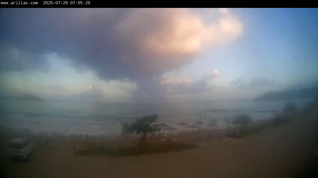 Corfu, Paralia Arillas Beach Live Cam - Arillas Agiou Georgiou, North Corfu (Vóreia Kérkyra), Corfu (Kérkyra), Ionian Islands (Periféreia Ioníon Níson), Greece