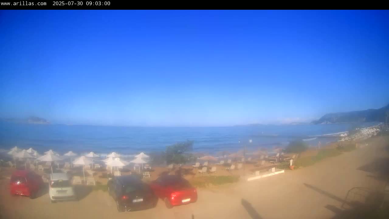 Corfu, Paralia Arillas Beach Live Cam - Arillas Agiou Georgiou, North Corfu (Vóreia Kérkyra), Corfu (Kérkyra), Ionian Islands (Periféreia Ioníon Níson), Greece