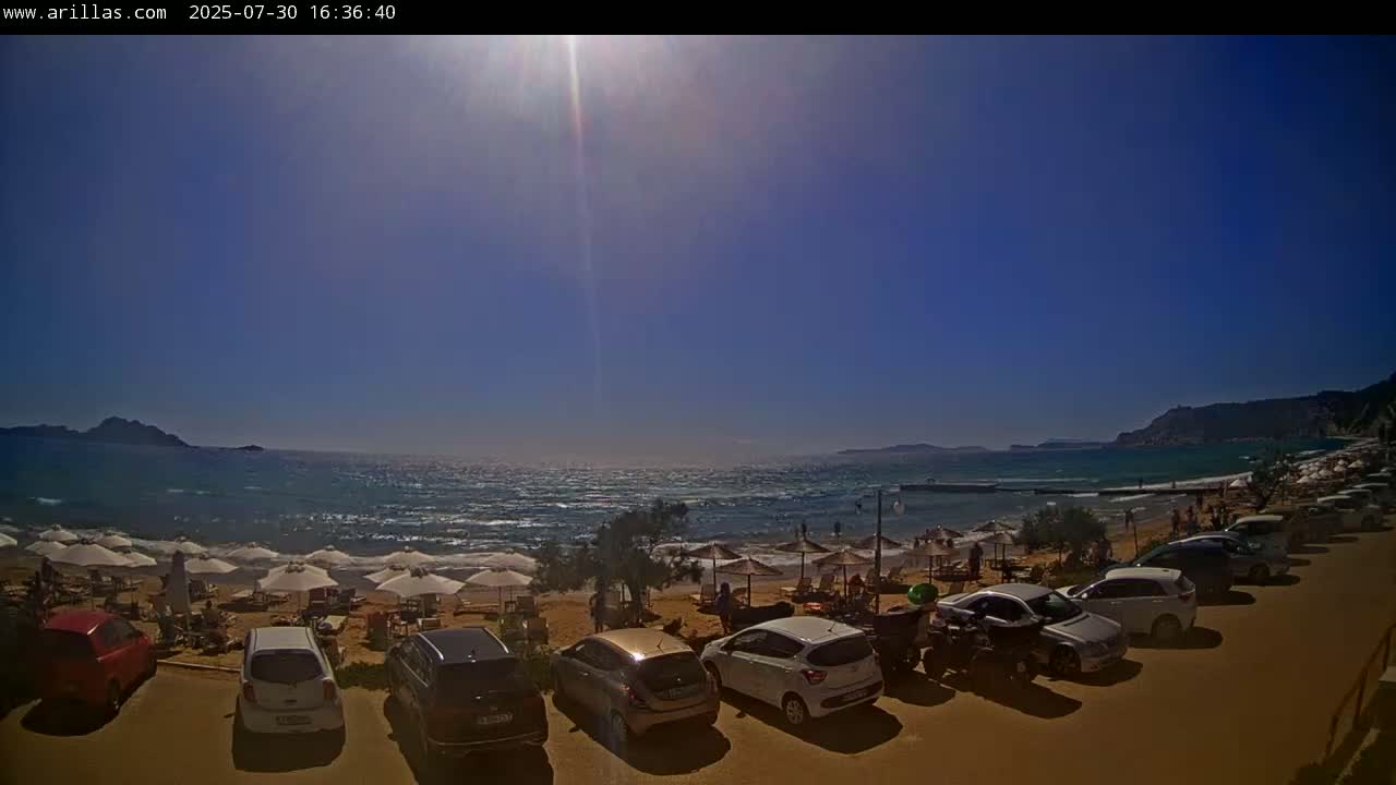 Corfu, Paralia Arillas Beach Live Cam - Arillas Agiou Georgiou, North Corfu (Vóreia Kérkyra), Corfu (Kérkyra), Ionian Islands (Periféreia Ioníon Níson), Greece