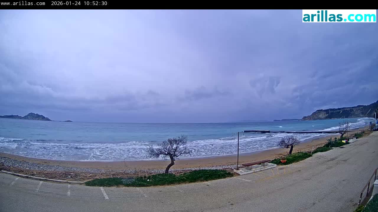 Corfu, Paralia Arillas Beach Live Cam - Arillas Agiou Georgiou, North Corfu (Vóreia Kérkyra), Corfu (Kérkyra), Ionian Islands (Periféreia Ioníon Níson), Greece