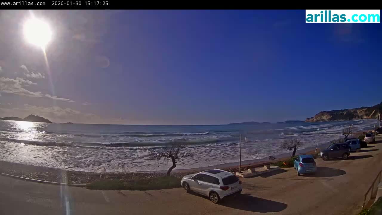 Corfu, Paralia Arillas Beach Live Cam - Arillas Agiou Georgiou, North Corfu (Vóreia Kérkyra), Corfu (Kérkyra), Ionian Islands (Periféreia Ioníon Níson), Greece