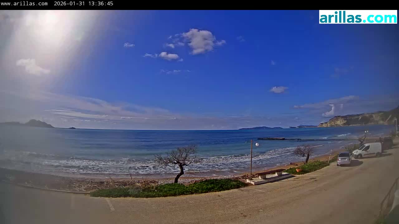 Corfu, Paralia Arillas Beach Live Cam - Arillas Agiou Georgiou, North Corfu (Vóreia Kérkyra), Corfu (Kérkyra), Ionian Islands (Periféreia Ioníon Níson), Greece