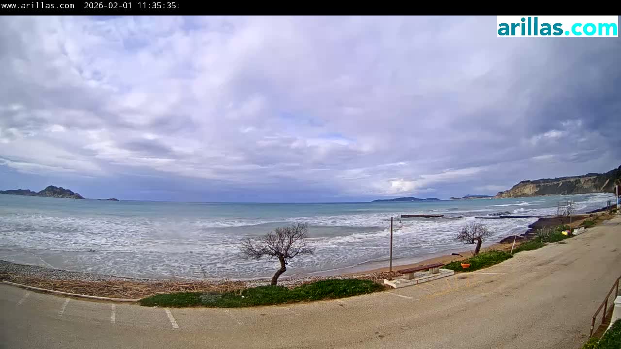 Corfu, Paralia Arillas Beach Live Cam - Arillas Agiou Georgiou, North Corfu (Vóreia Kérkyra), Corfu (Kérkyra), Ionian Islands (Periféreia Ioníon Níson), Greece