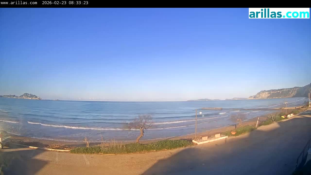 Corfu, Paralia Arillas Beach Live Cam - Arillas Agiou Georgiou, North Corfu (Vóreia Kérkyra), Corfu (Kérkyra), Ionian Islands (Periféreia Ioníon Níson), Greece