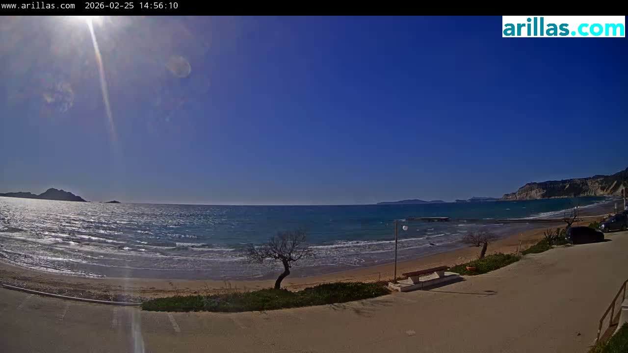 Corfu, Paralia Arillas Beach Live Cam - Arillas Agiou Georgiou, North Corfu (Vóreia Kérkyra), Corfu (Kérkyra), Ionian Islands (Periféreia Ioníon Níson), Greece