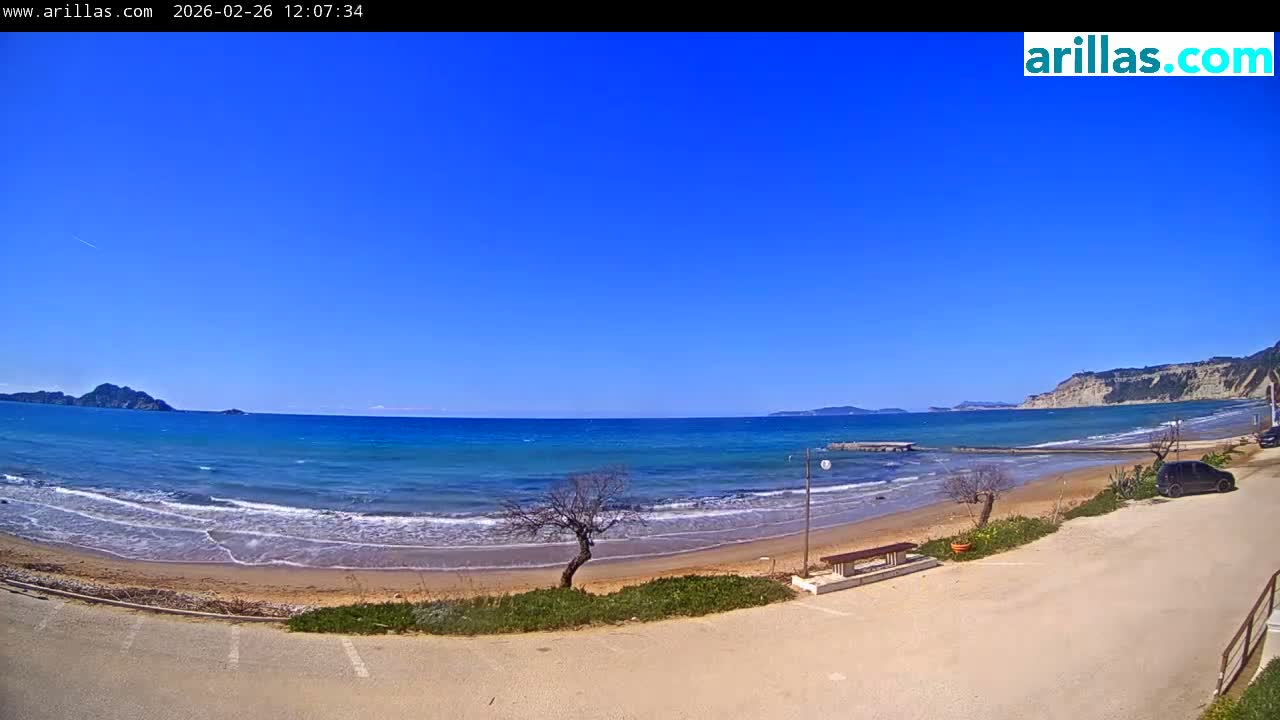 Corfu, Paralia Arillas Beach Live Cam - Arillas Agiou Georgiou, North Corfu (Vóreia Kérkyra), Corfu (Kérkyra), Ionian Islands (Periféreia Ioníon Níson), Greece