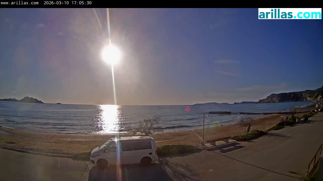 Corfu, Paralia Arillas Beach Live Cam - Arillas Agiou Georgiou, North Corfu (Vóreia Kérkyra), Corfu (Kérkyra), Ionian Islands (Periféreia Ioníon Níson), Greece