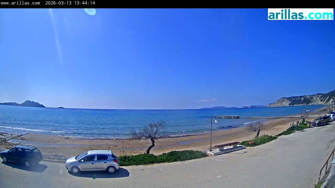 Corfu, Paralia Arillas Beach Live Cam - Arillas Agiou Georgiou, North Corfu (Vóreia Kérkyra), Corfu (Kérkyra), Ionian Islands (Periféreia Ioníon Níson), Greece