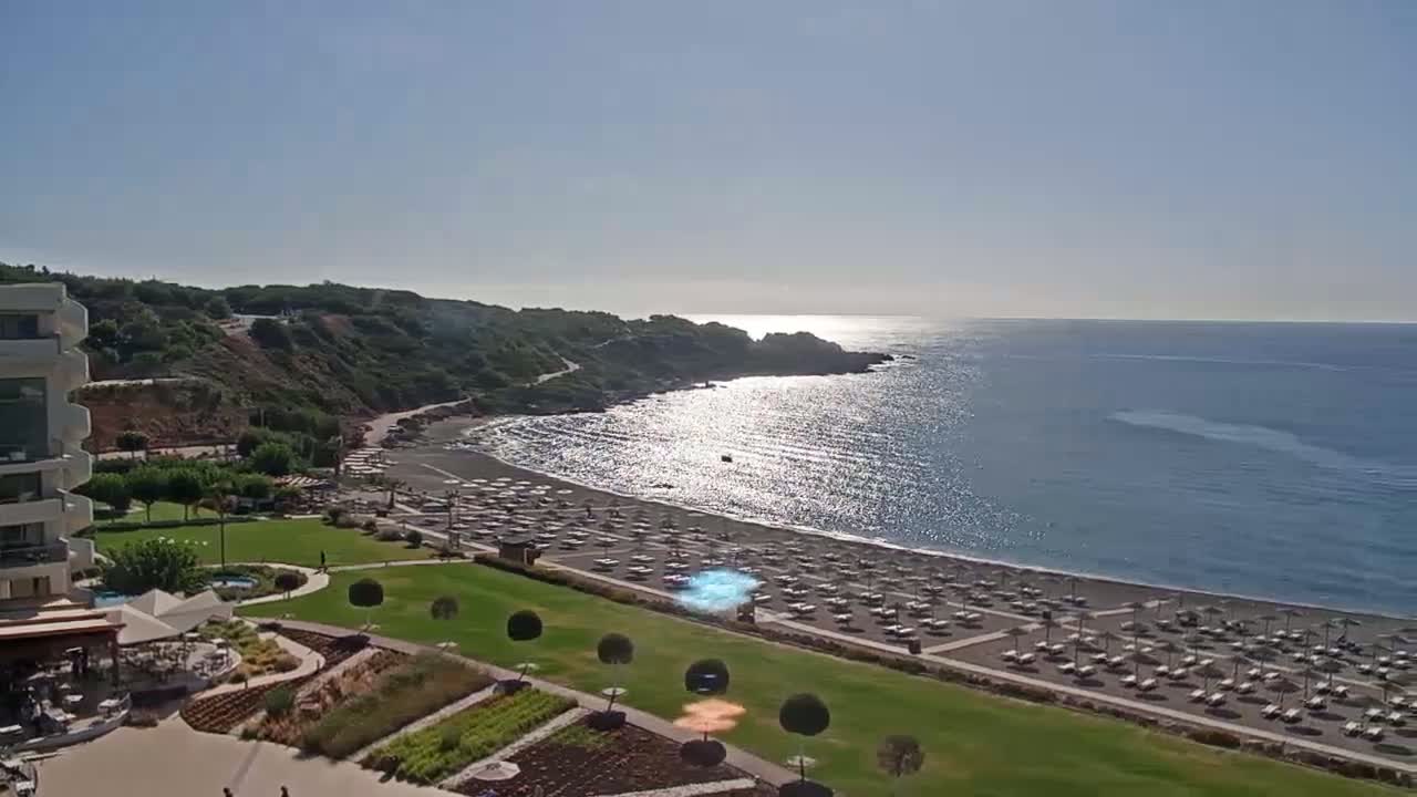 Rhodes, Paralia Faliraki Beach Northeast End Live Cam - Ammoudes, Rhodes (Ródos), Dodacanese,  South Aegean (Periféreia Notíou Aigaíou), Greece