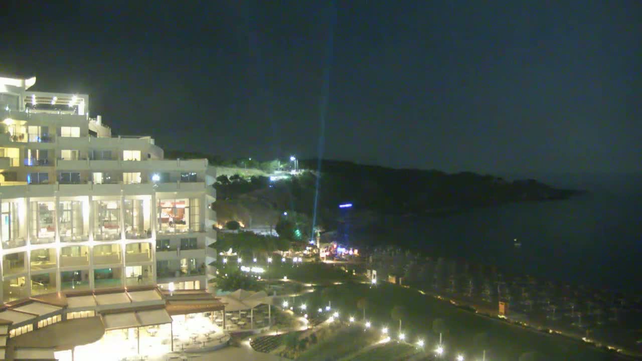Rhodes, Paralia Faliraki Beach Northeast End Live Cam - Ammoudes, Rhodes (Ródos), Dodacanese,  South Aegean (Periféreia Notíou Aigaíou), Greece