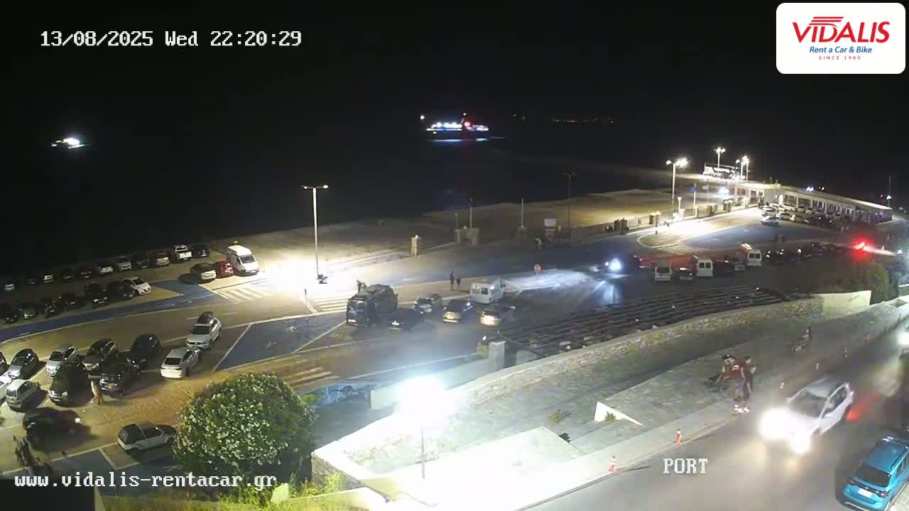 A nighttime, aerial view shows a port area with parked cars, a few people walking, and a large vessel in the water.