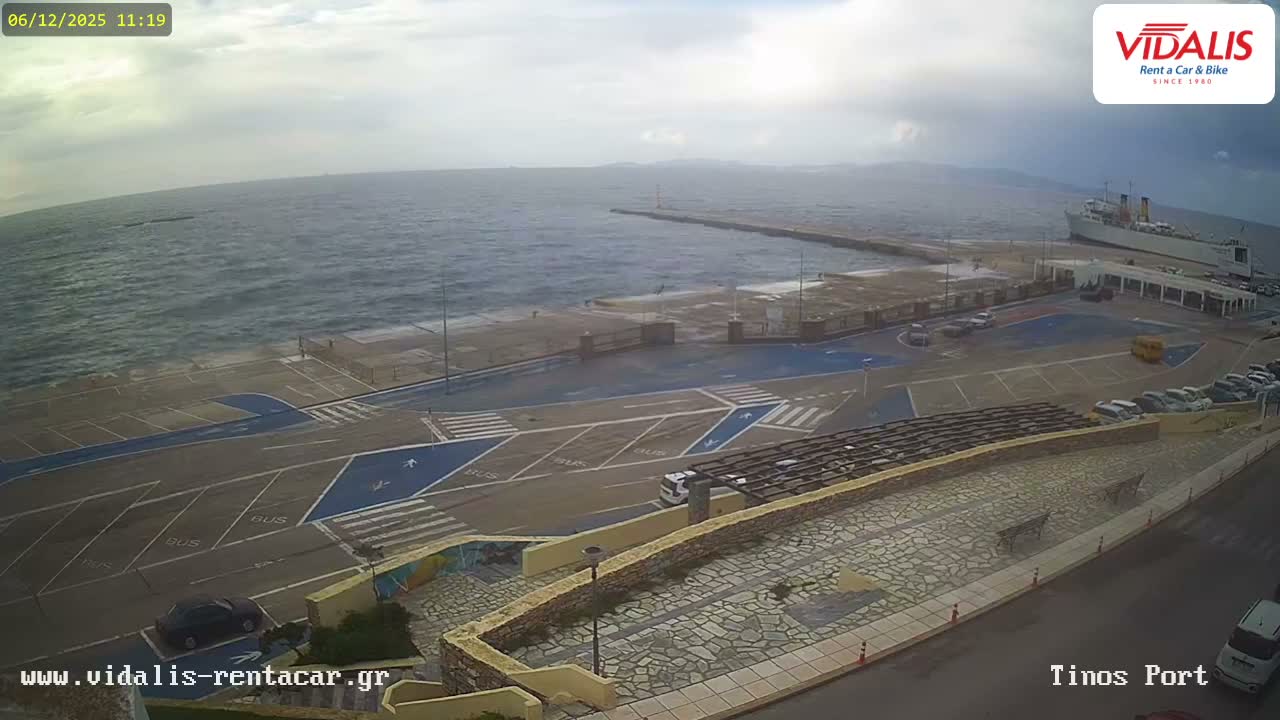 Under an overcast sky, a large white ferry is docked at a bustling port where a long pier extends into choppy waters, surrounded by a paved parking lot with multiple vehicles and a stone-walled promenade in the foreground, all viewed from an elevated perspective.