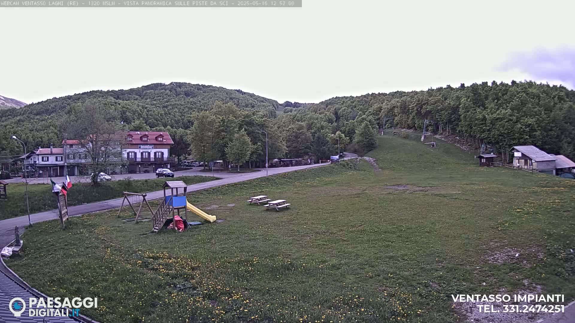A playground and picnic tables sit in a grassy field below a hillside of green trees and buildings under an overcast sky.
