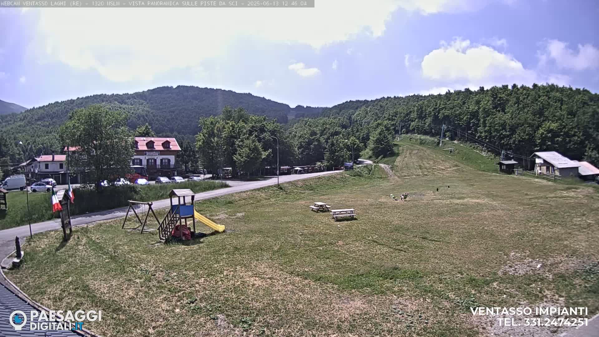 A mostly sunny day reveals a grassy area with a playground, picnic tables, a roadway, buildings, and a forested hillside in the background.