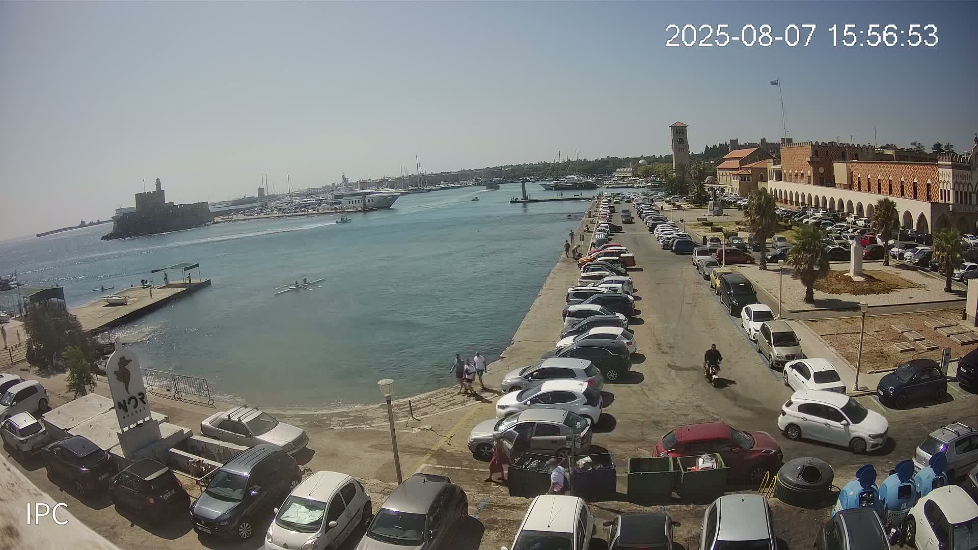 A sunny harbor scene shows a long row of parked cars next to a calm body of water with boats and people rowing, and a large building in the background.