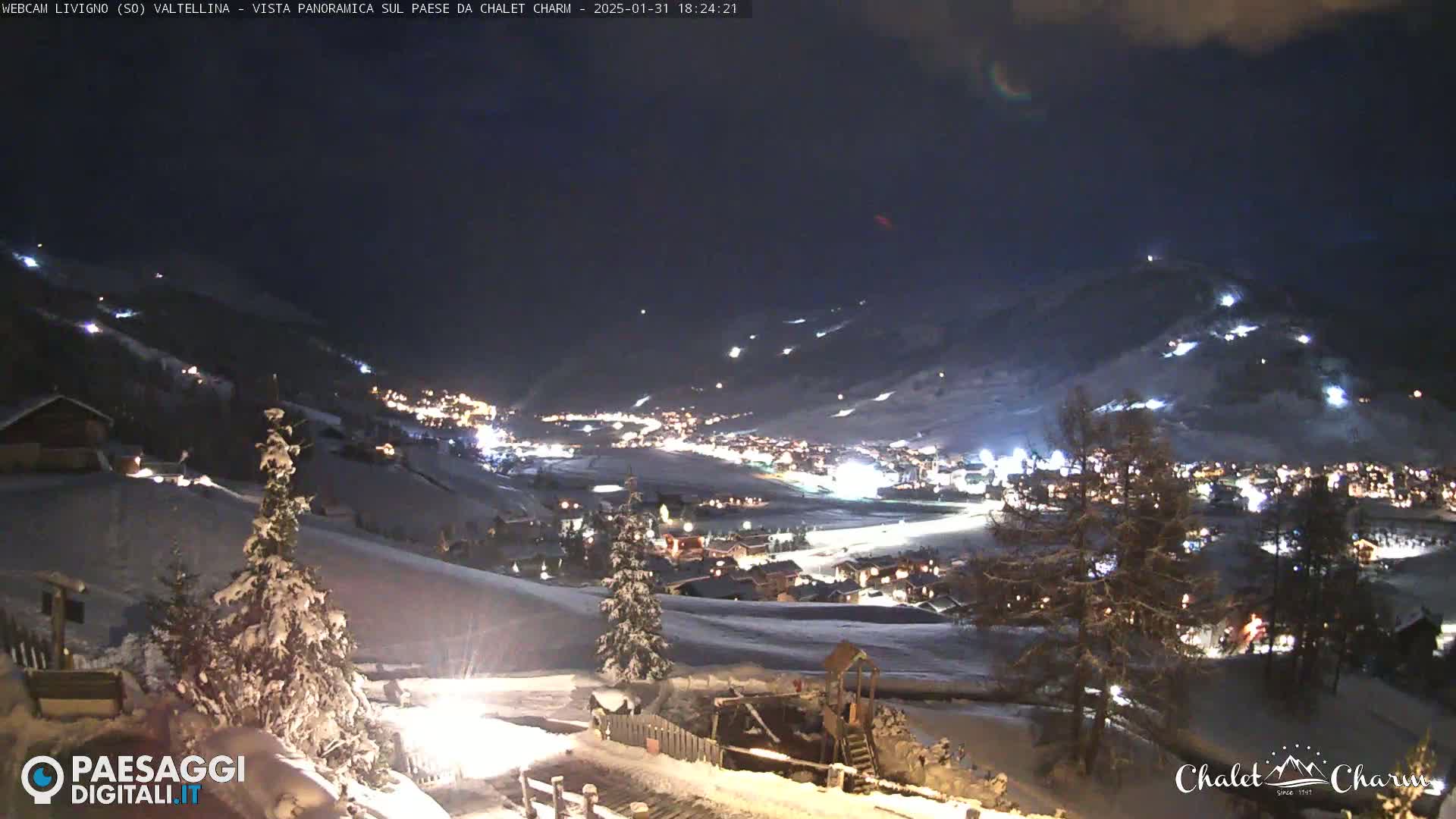 A snow-covered hillside at night overlooks a village illuminated by lights, under a dark sky.