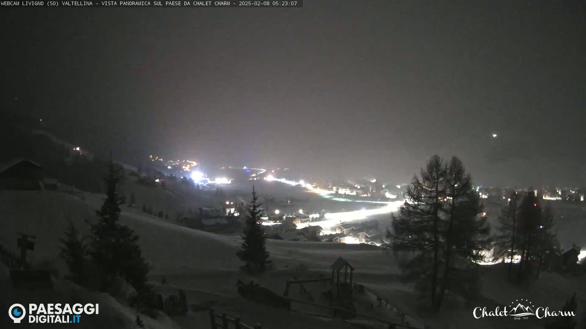 A nighttime, snowy, panoramic view of a village illuminated by lights, with dark, snow-covered hills and a few silhouetted trees in the foreground.