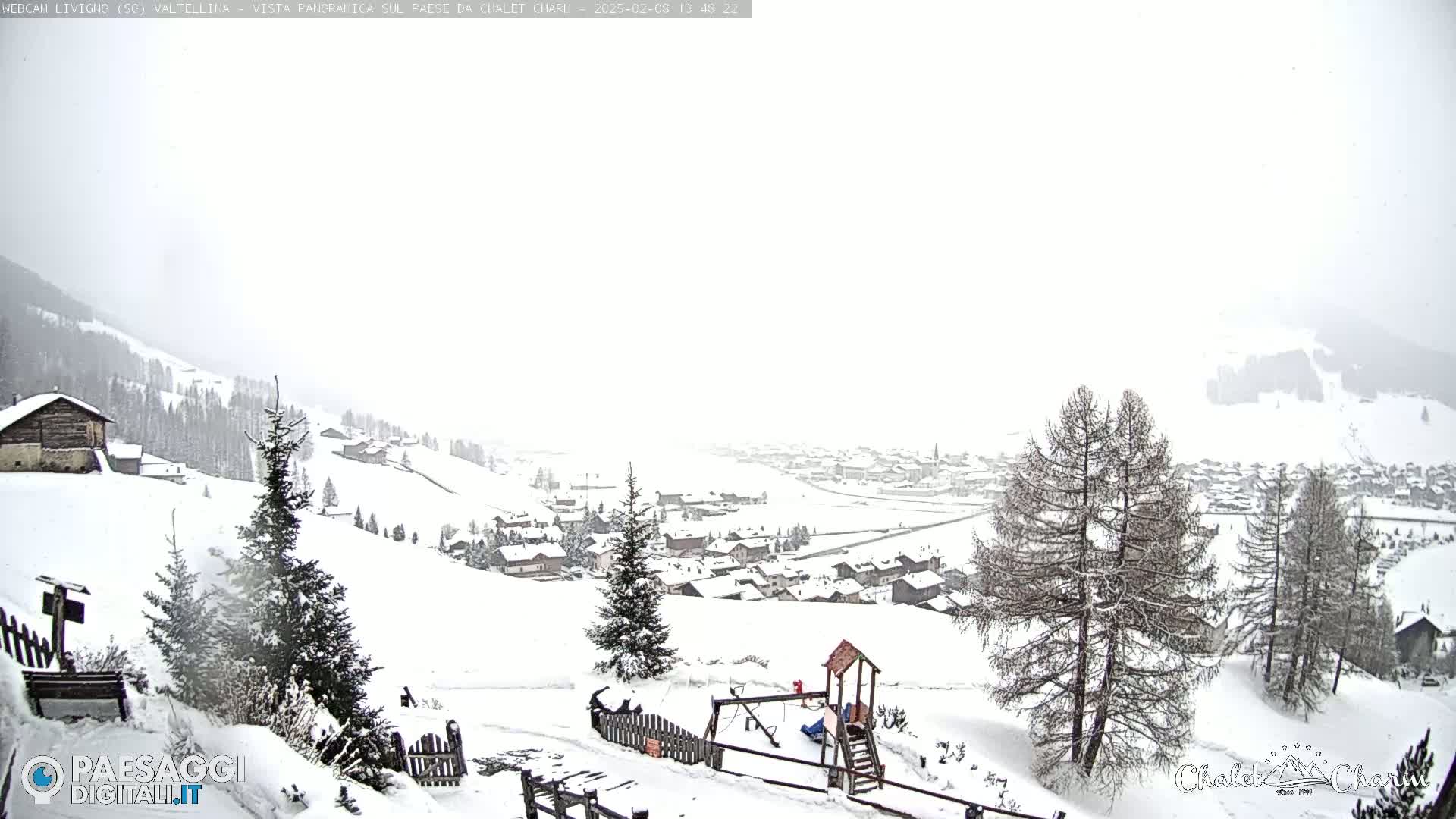 A snow-covered village nestled in a valley, with snow falling and evergreens dusted with white.