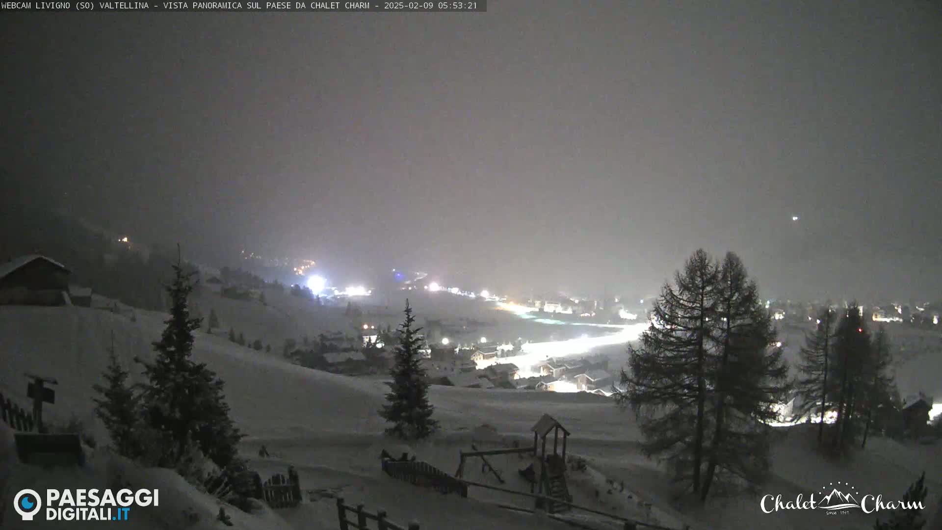 A snow-covered, nighttime landscape shows a village illuminated below, with several evergreens in the foreground under a hazy, snowy sky.