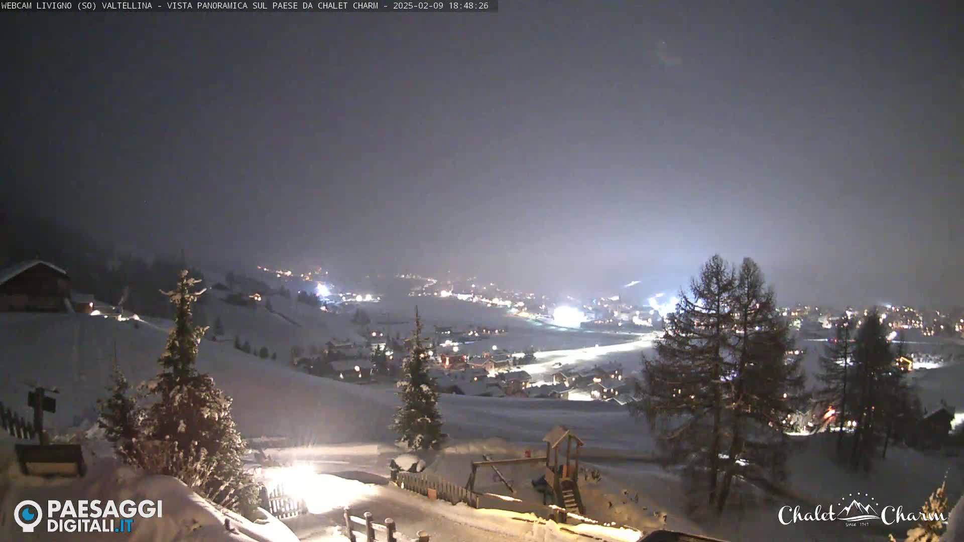 A snow-covered hillside at night overlooks a village with lights illuminated, under a hazy, dark sky.