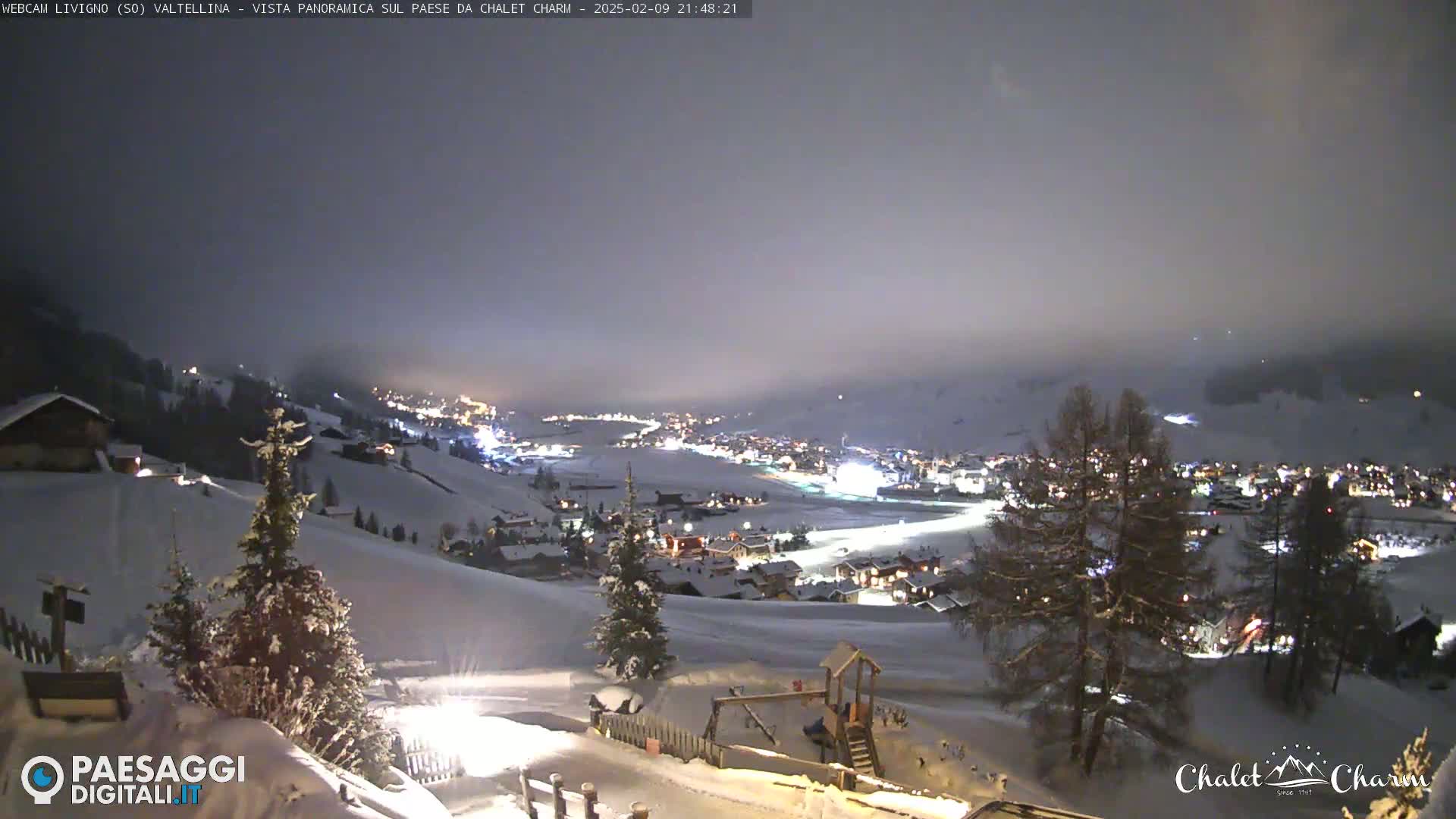 A snow-covered hillside at night overlooks a village illuminated with lights under a hazy, dark sky.