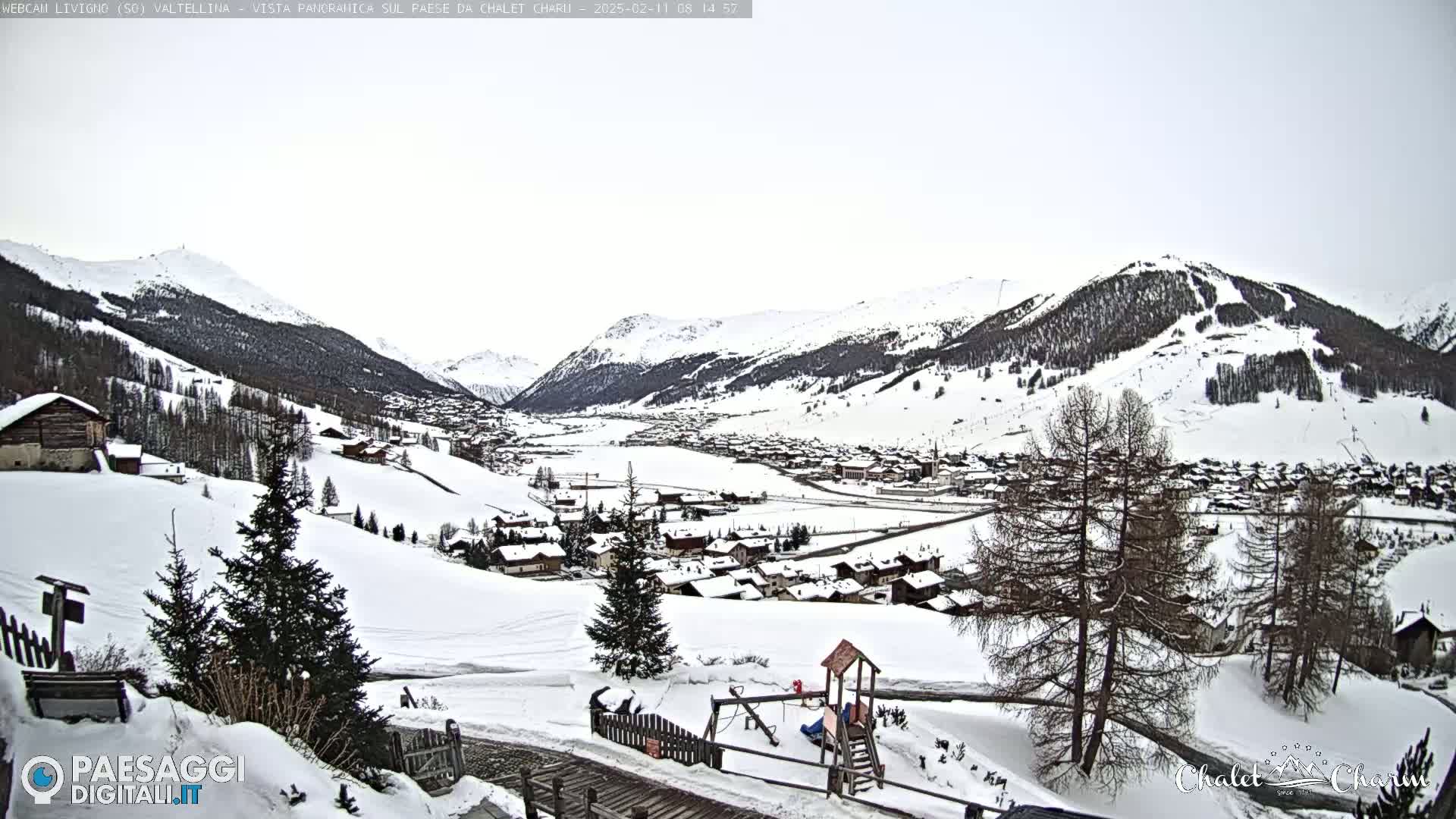 A snow-covered mountain village is nestled in a valley, with overcast skies and snow-covered hills and trees surrounding it.