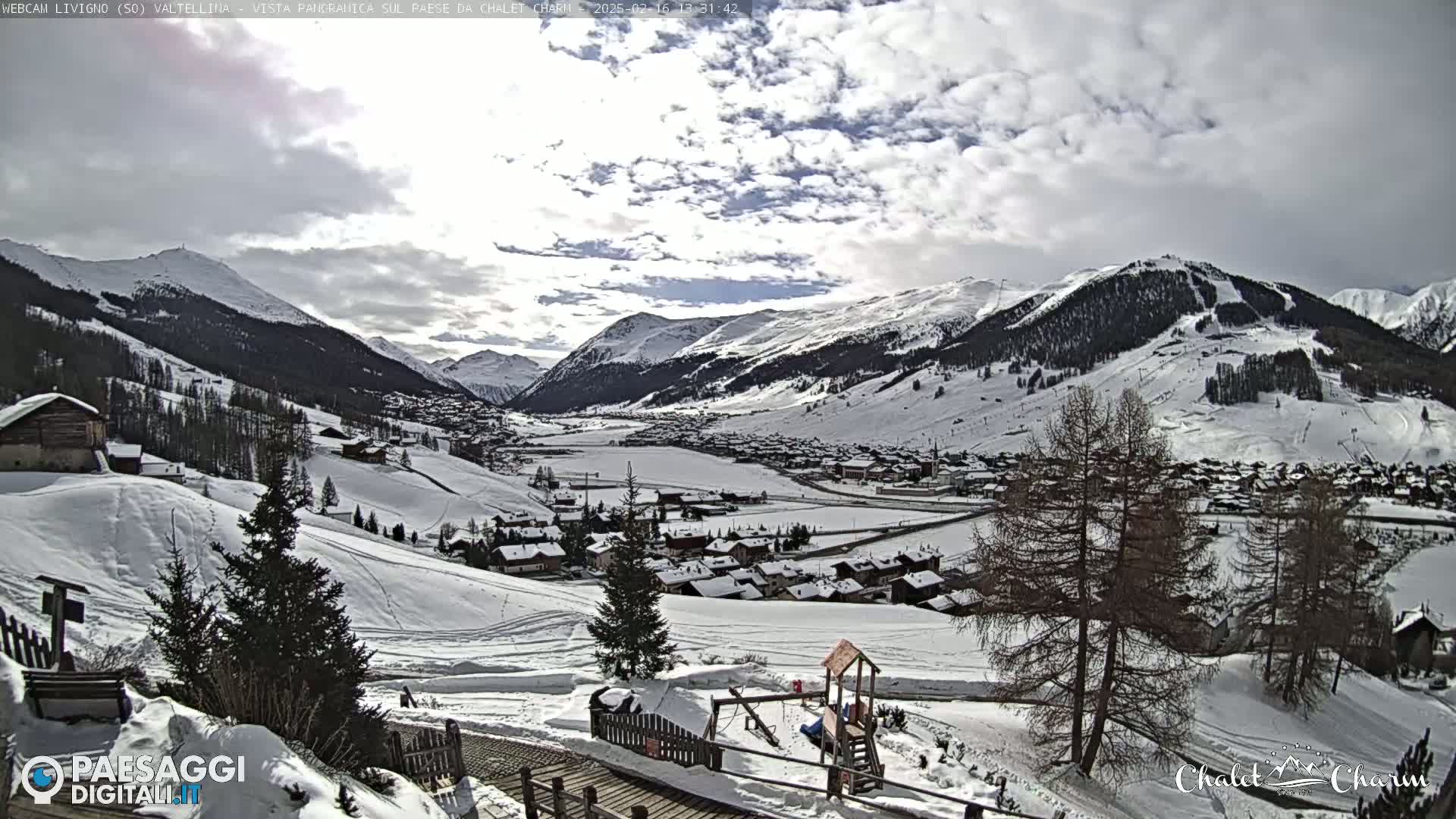 A snow-covered valley town nestled among snow-capped mountains under a partly cloudy sky.