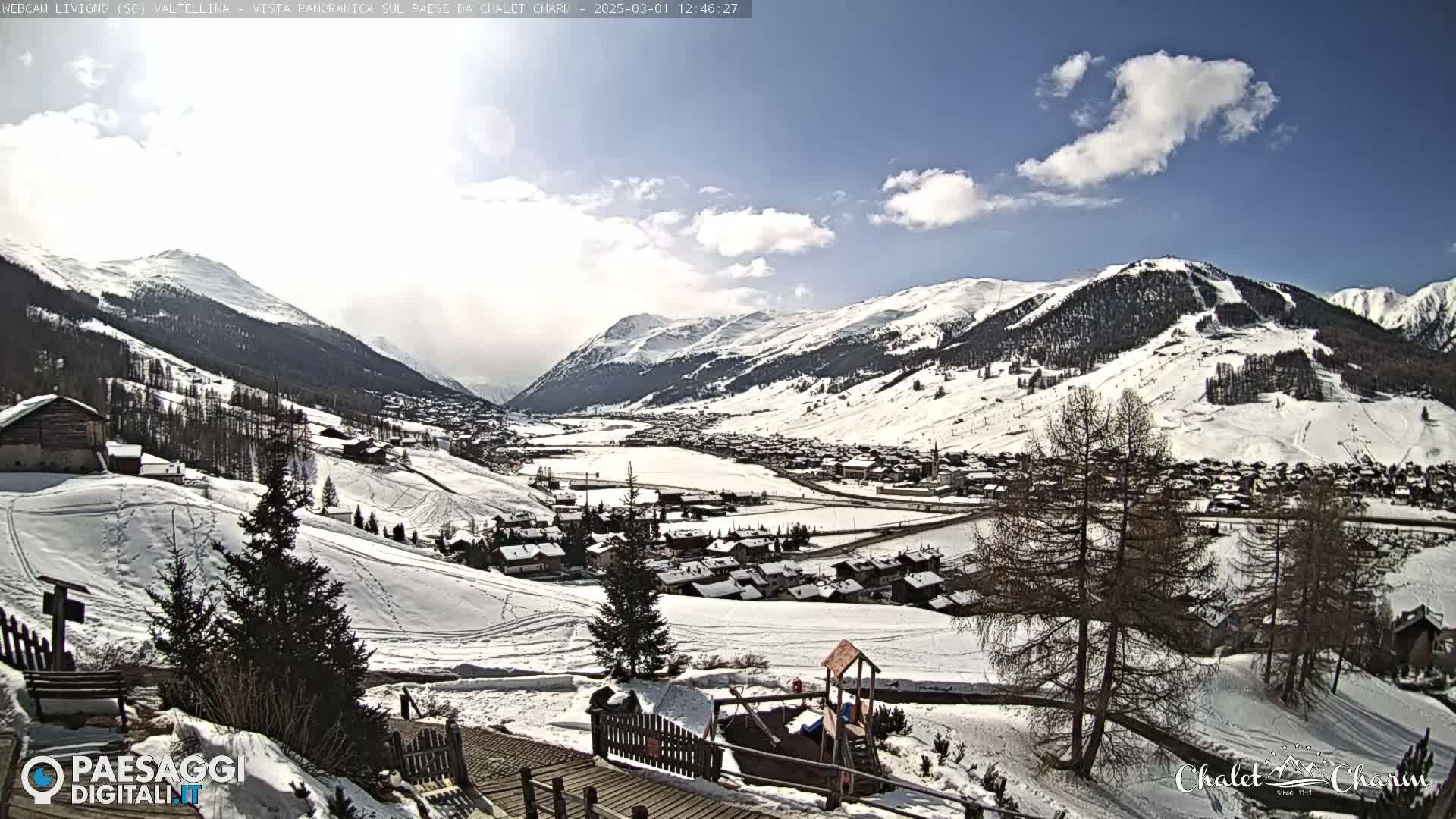 A snow-covered valley town nestled amongst snow-capped mountains under a partly cloudy sky.
