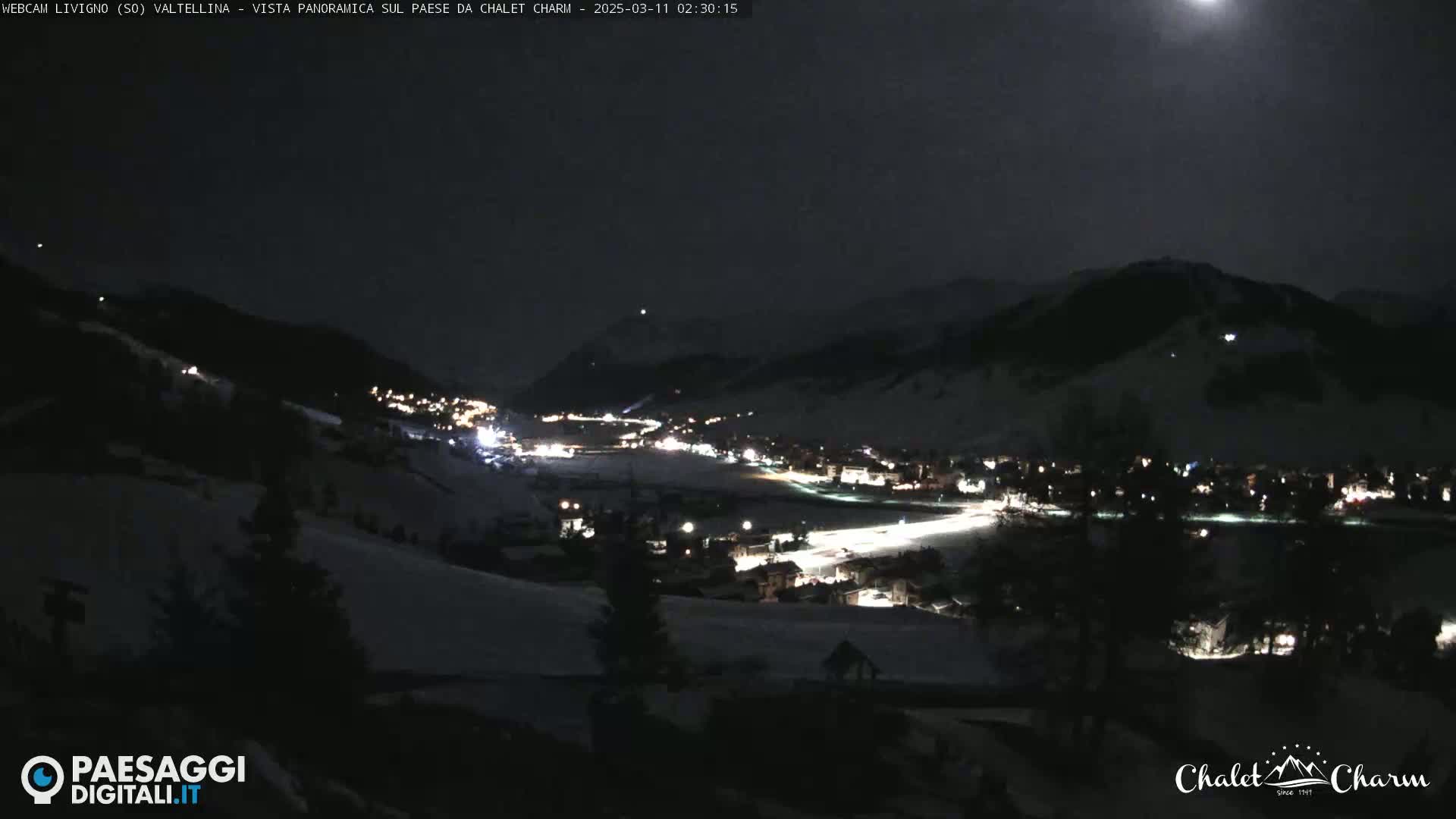 A nighttime, panoramic view of a snow-covered village nestled in a valley under a bright moon.