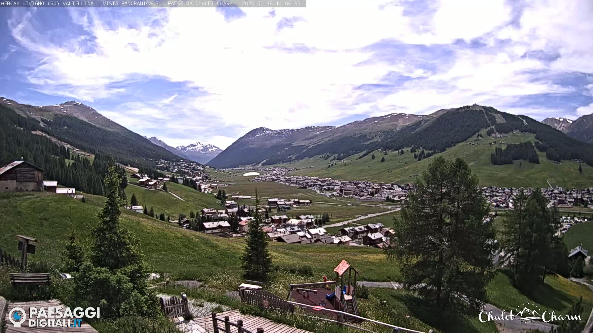 A panoramic view of a village nestled in a valley surrounded by green hills and mountains under a partly cloudy sky.