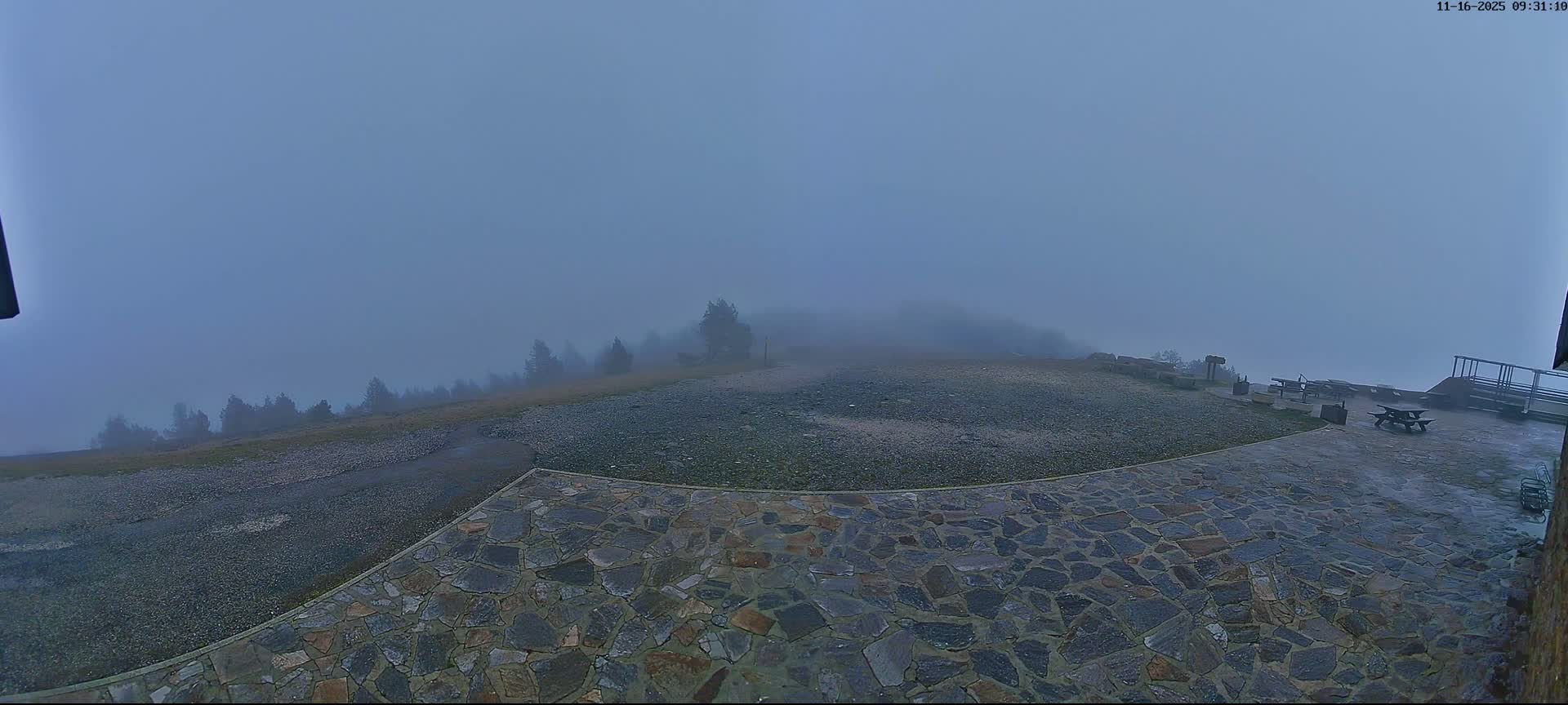 A wide outdoor area featuring a wet stone patio and gravel ground with several picnic tables extends towards distant trees almost entirely obscured by dense fog.