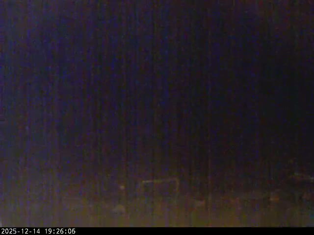 An overcast sky hangs over a coastal scene featuring a grey sea, distant hilly islands, a rocky beach with dark vegetation, and a paved promenade with red barriers in the foreground.