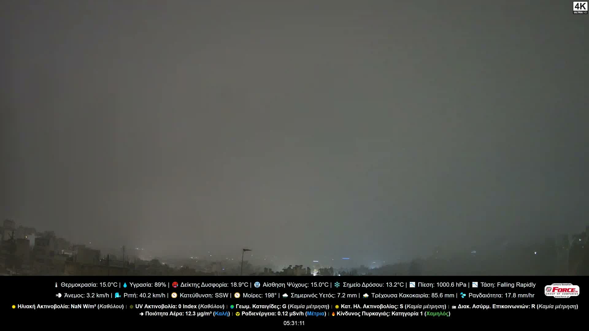 An illuminated city sprawls under a partly cloudy evening sky, with distant hills visible in the background.