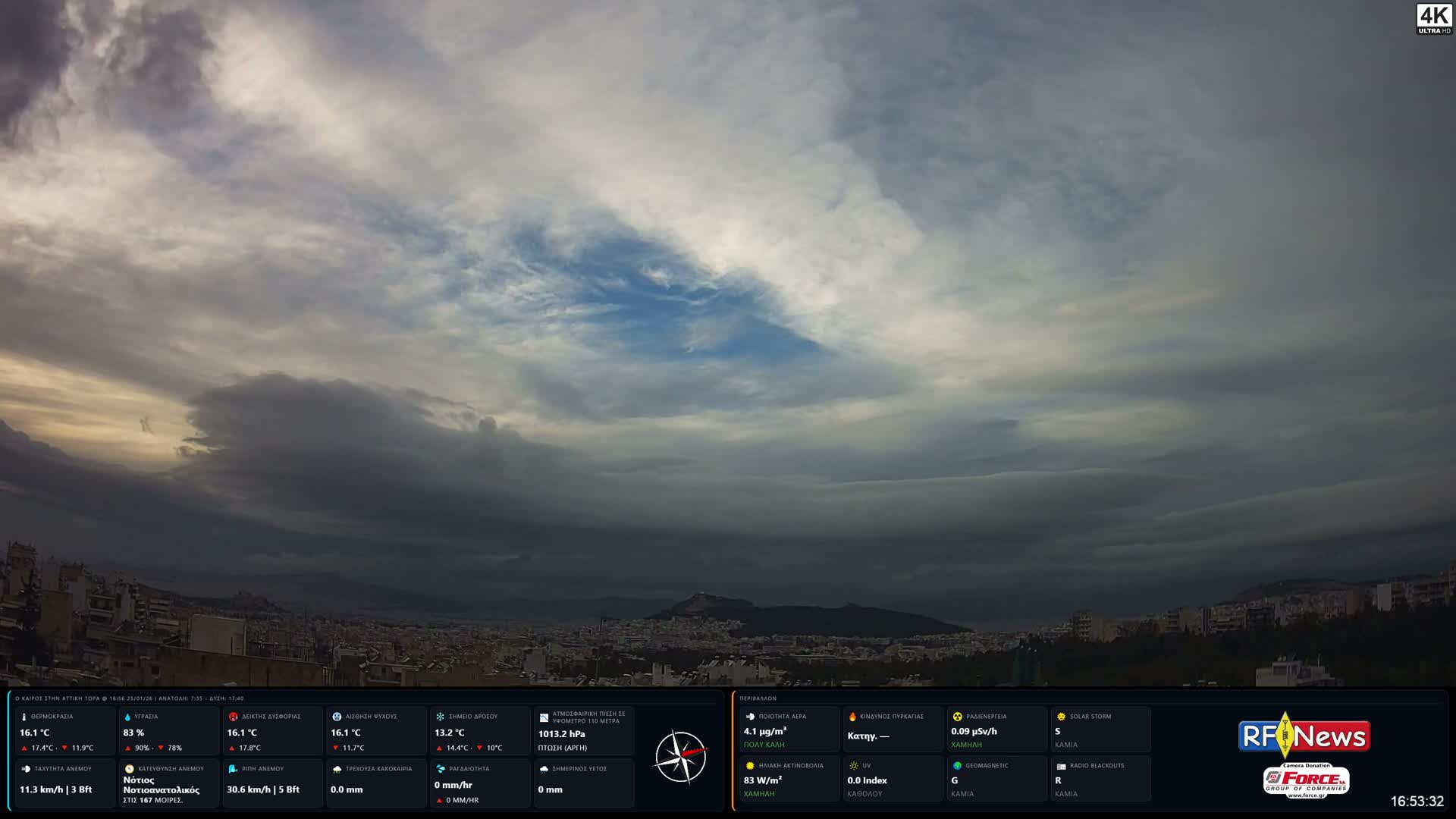 A wide panoramic view captures a city under a predominantly dark and heavily overcast sky, with distant buildings and a prominent hill silhouetted against the cloudy horizon.