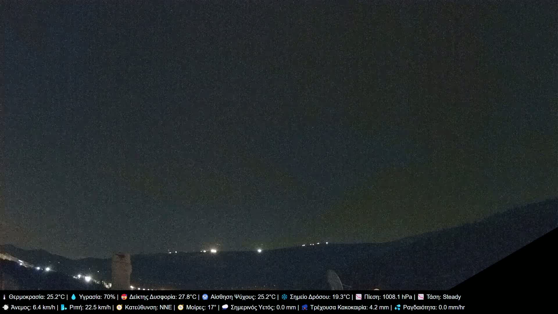 A nighttime view of a dark, clear sky above a hilly landscape with distant lights.