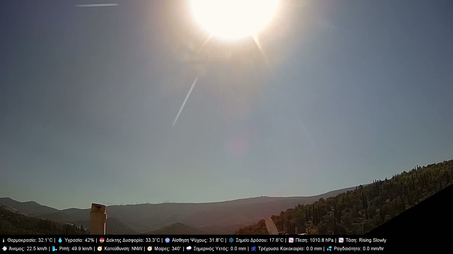 A bright sun shines over a landscape of distant hills and mountains under a clear, hazy sky.