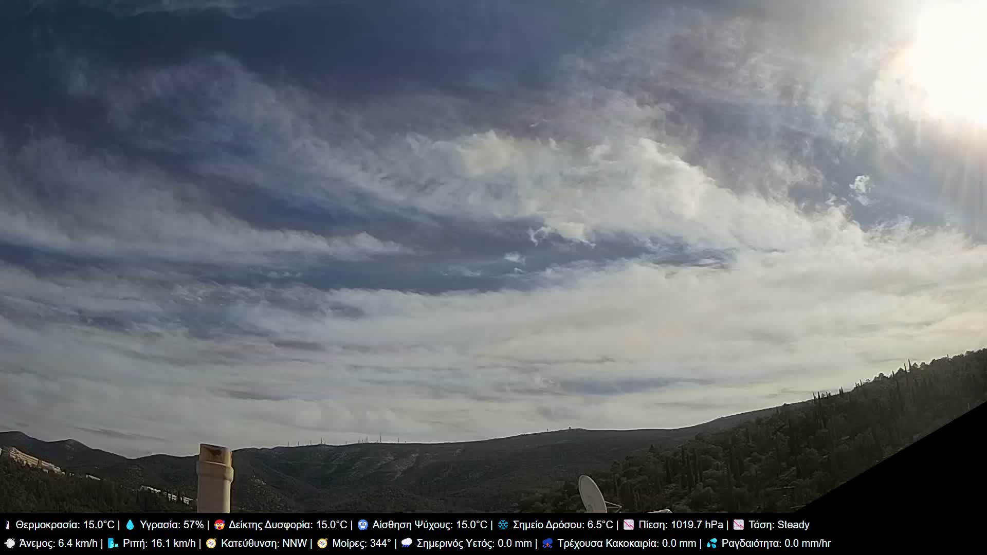 Under a partly cloudy sky with the sun breaking through on the upper right and a faint iridescence in the clouds, a sprawling landscape of forested hills and distant mountains unfolds, with a chimney and a satellite dish visible in the foreground.