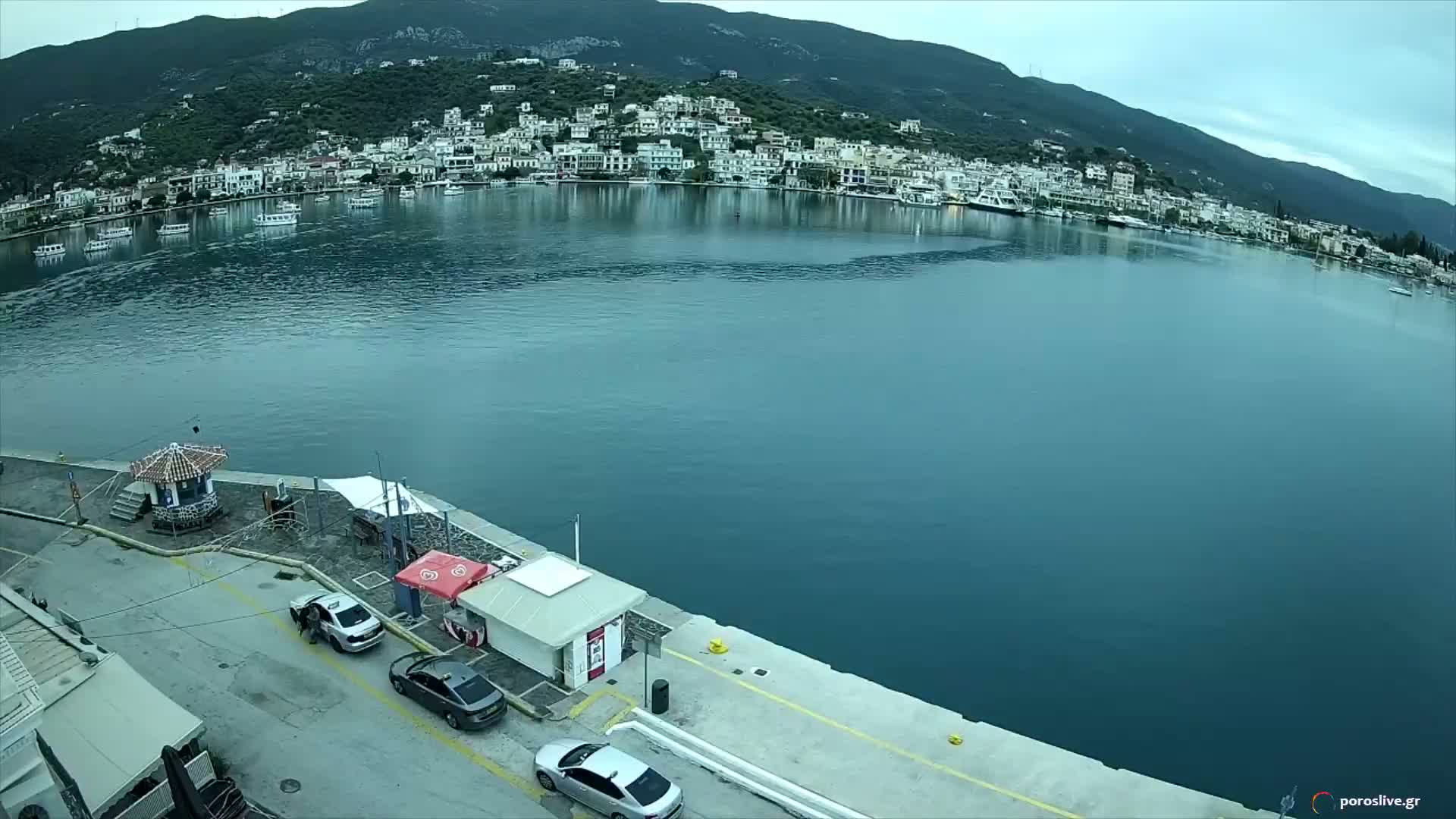 Poros Island, Poros Port &  Galatas Village View from Poros Coast Live Cam - Póros, Islands (Níson), Attica (Attikí), Greece