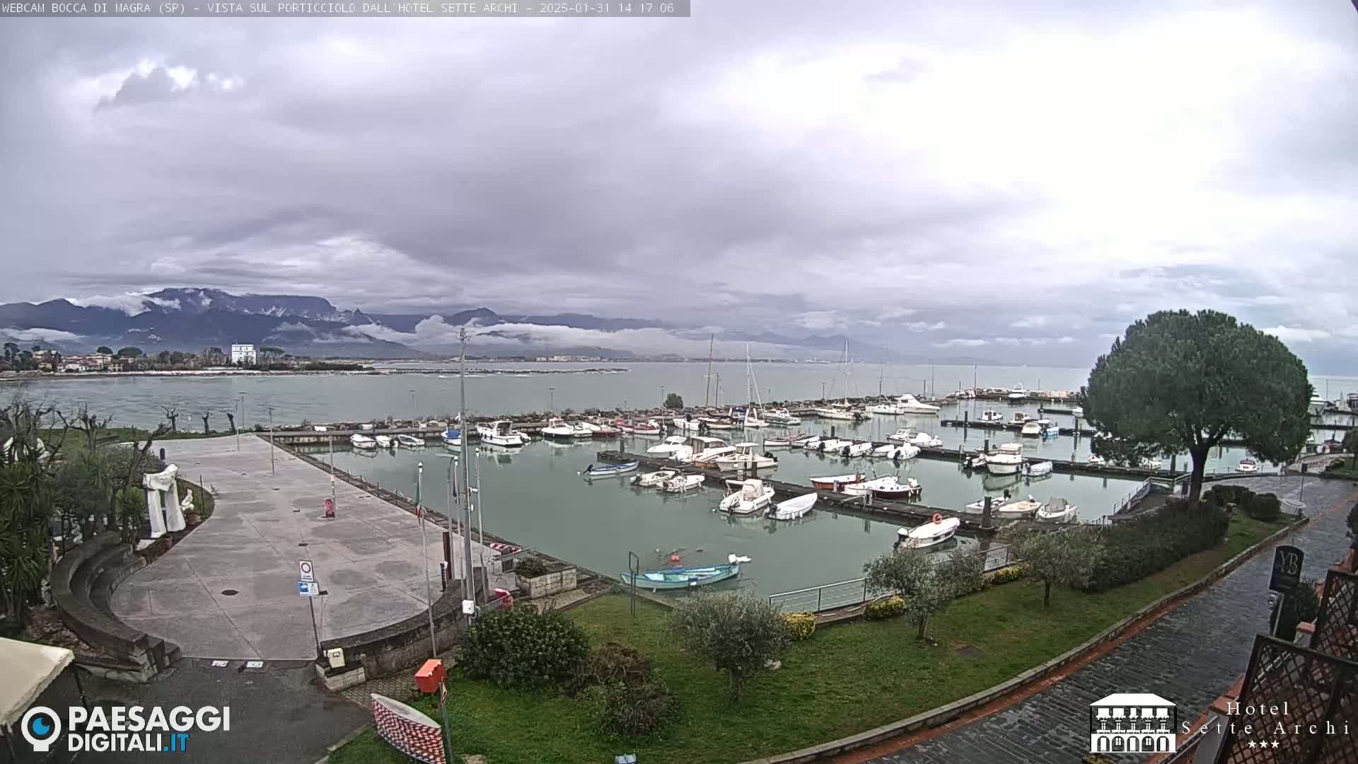A marina filled with boats is seen from an elevated vantage point on an overcast day, with mountains visible in the distance.