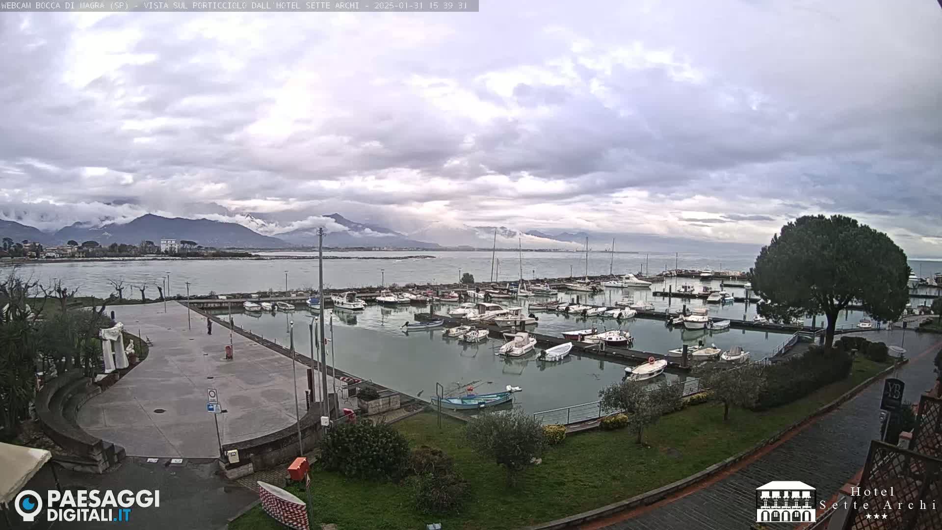 A harbor filled with numerous boats is shown on an overcast day, with mountains in the background.