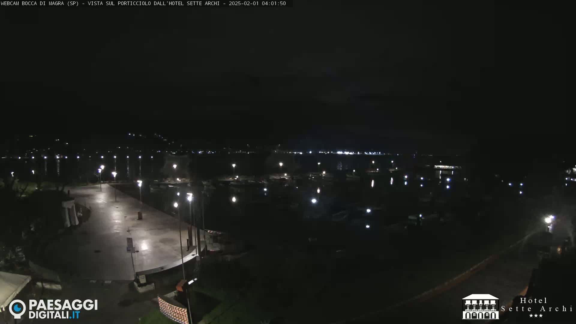 A nighttime view of a harbor with boats and a paved waterfront area, illuminated by streetlights.