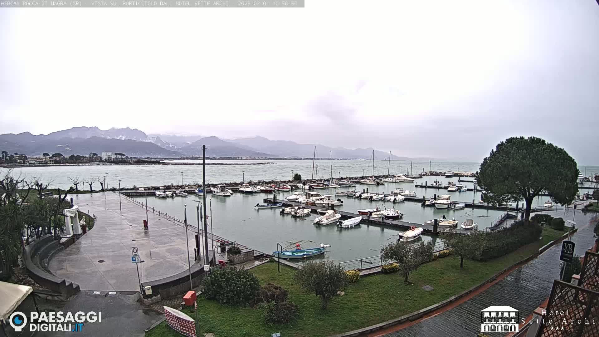 A harbor filled with boats is seen on an overcast day, with mountains in the background showing some snow.