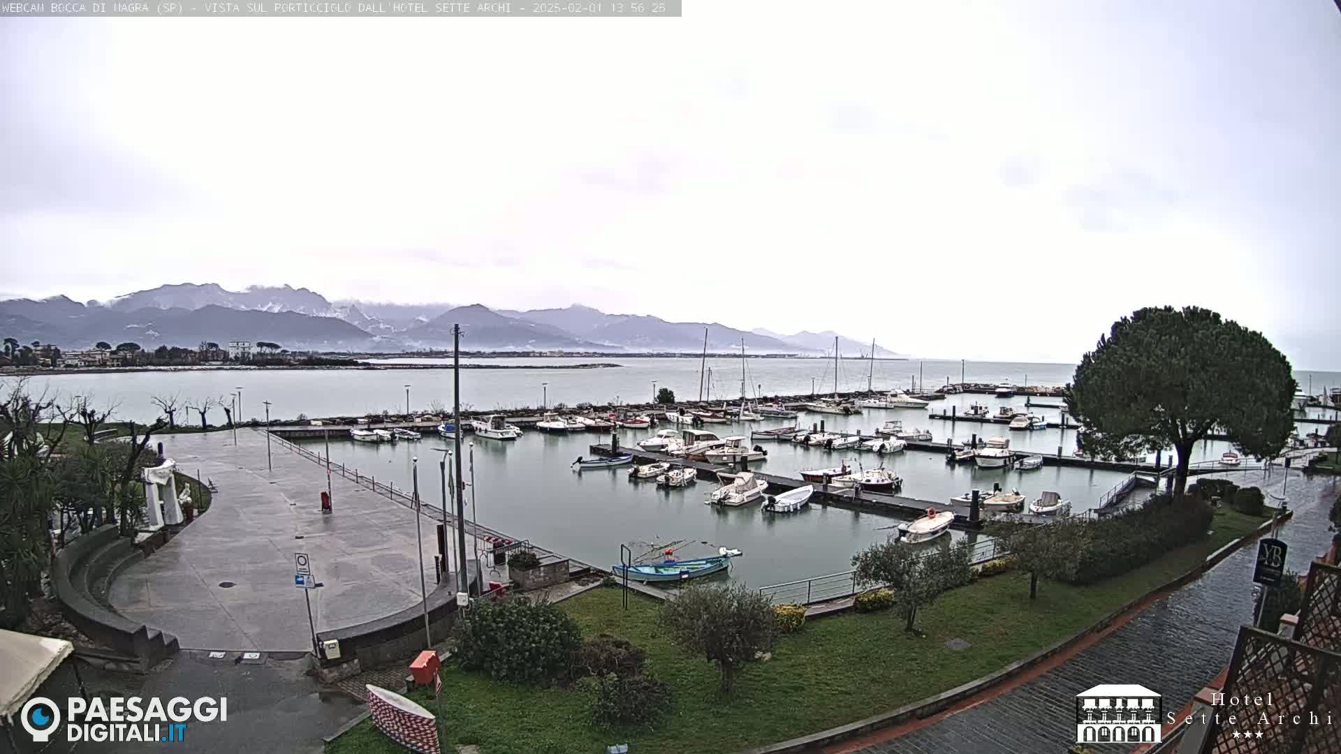 A harbor filled with numerous boats is situated next to a paved plaza, all overlooking a calm body of water and mountains under an overcast sky.