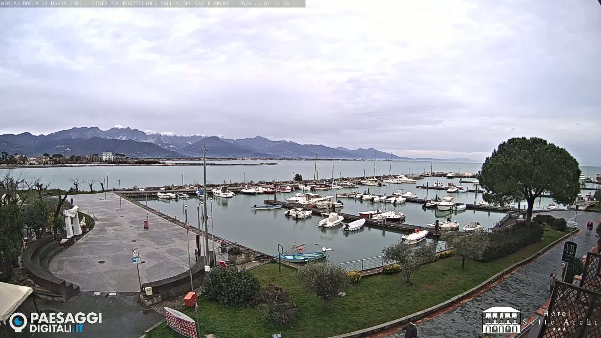 A marina filled with numerous boats is situated next to a paved plaza and grassy areas, all overlooking a calm body of water with snow-capped mountains in the distance under an overcast sky.