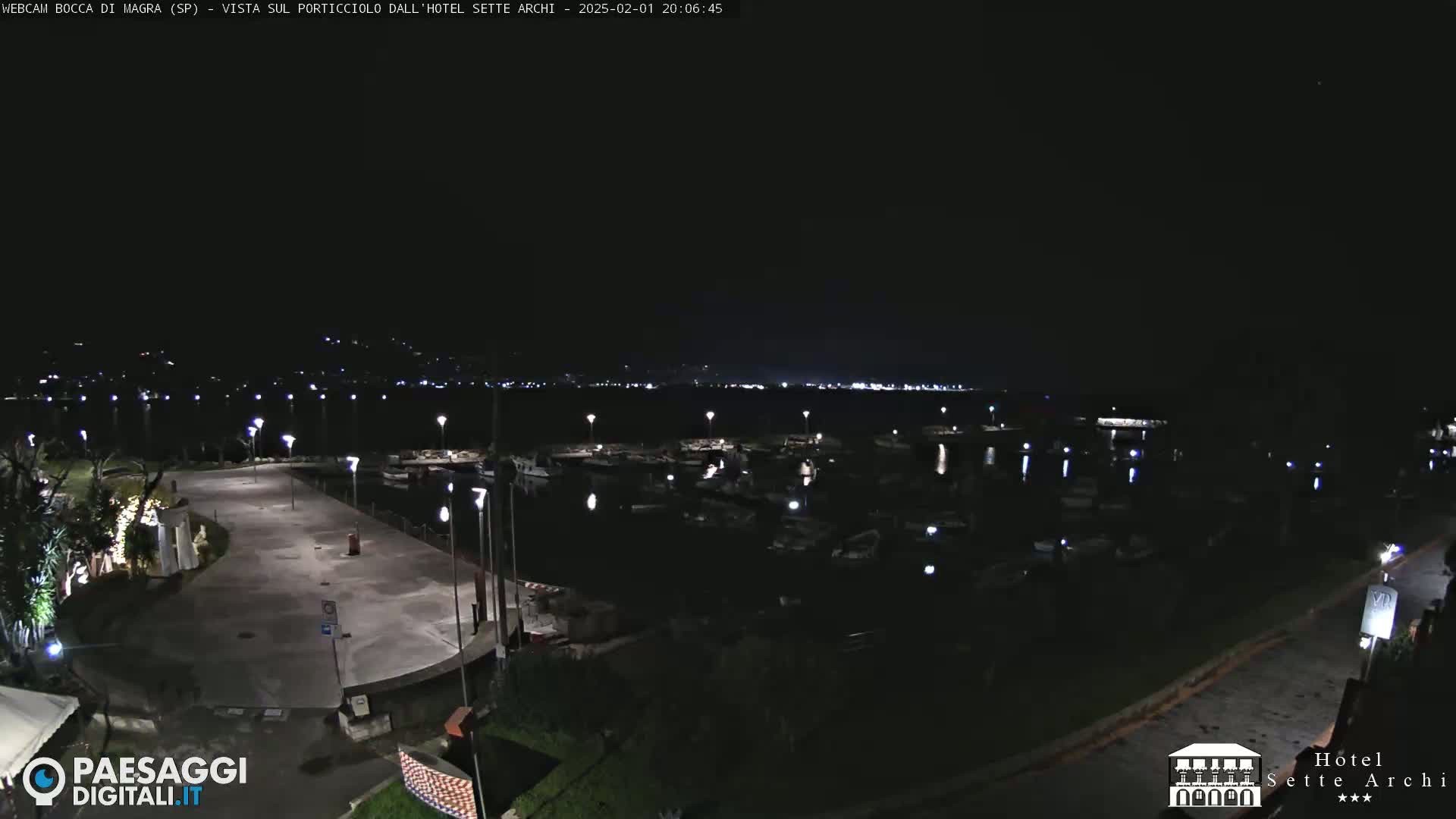 A nighttime view of a harbor filled with boats, a paved area, and dimly lit streets, under a clear night sky.