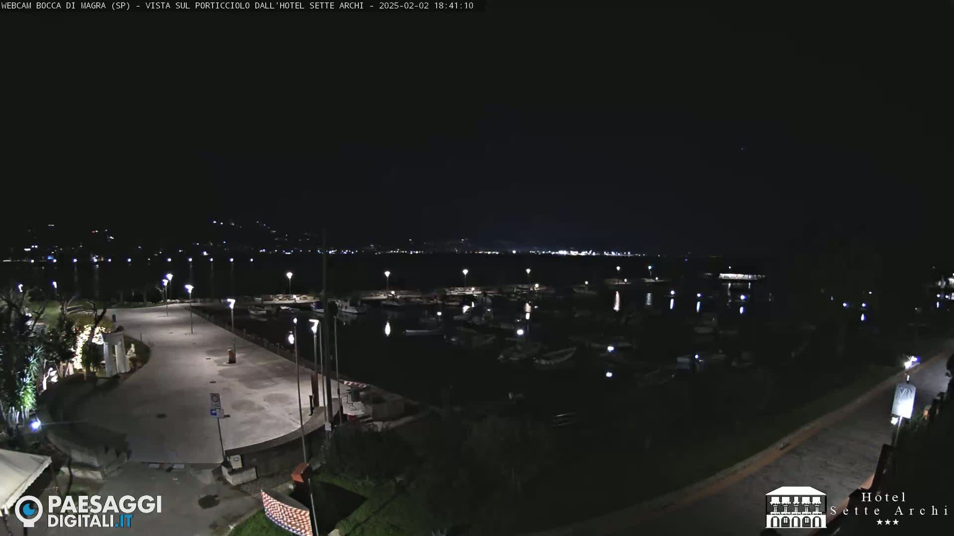 A nighttime view of a marina with boats docked, a paved area with lights, and a dark coastline extending into the distance under a clear sky.