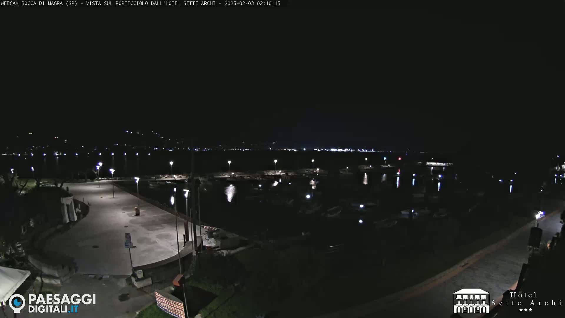 A nighttime view of a harbor filled with boats, a paved waterfront area with lights, and a dark sky.