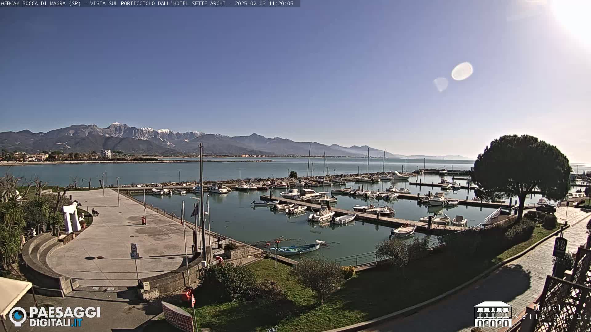 A marina filled with boats is situated near a paved area, overlooking a calm body of water and snow-capped mountains under a clear, sunny sky.