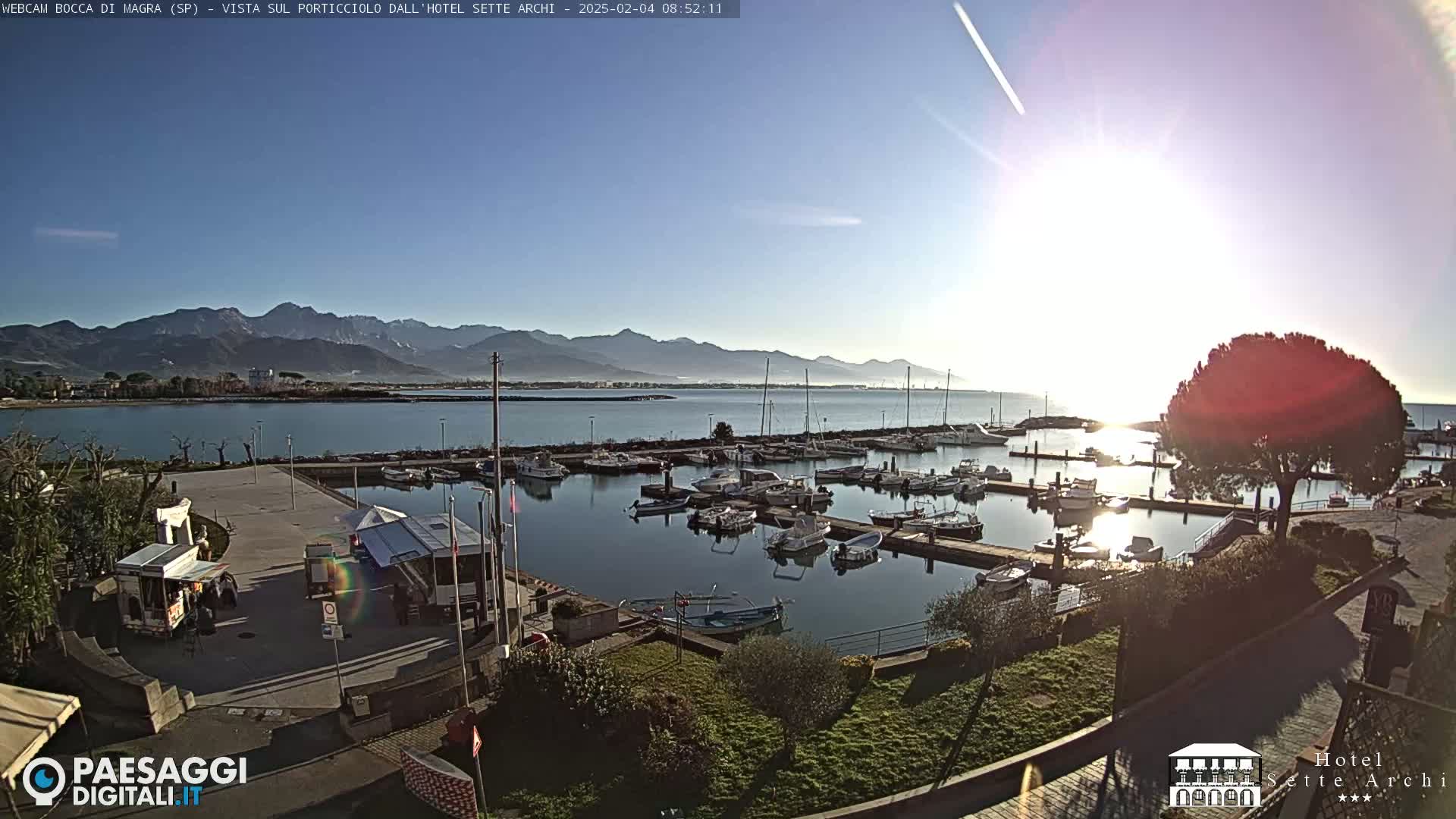 A sunny day overlooking a marina filled with boats, with mountains visible in the distance.