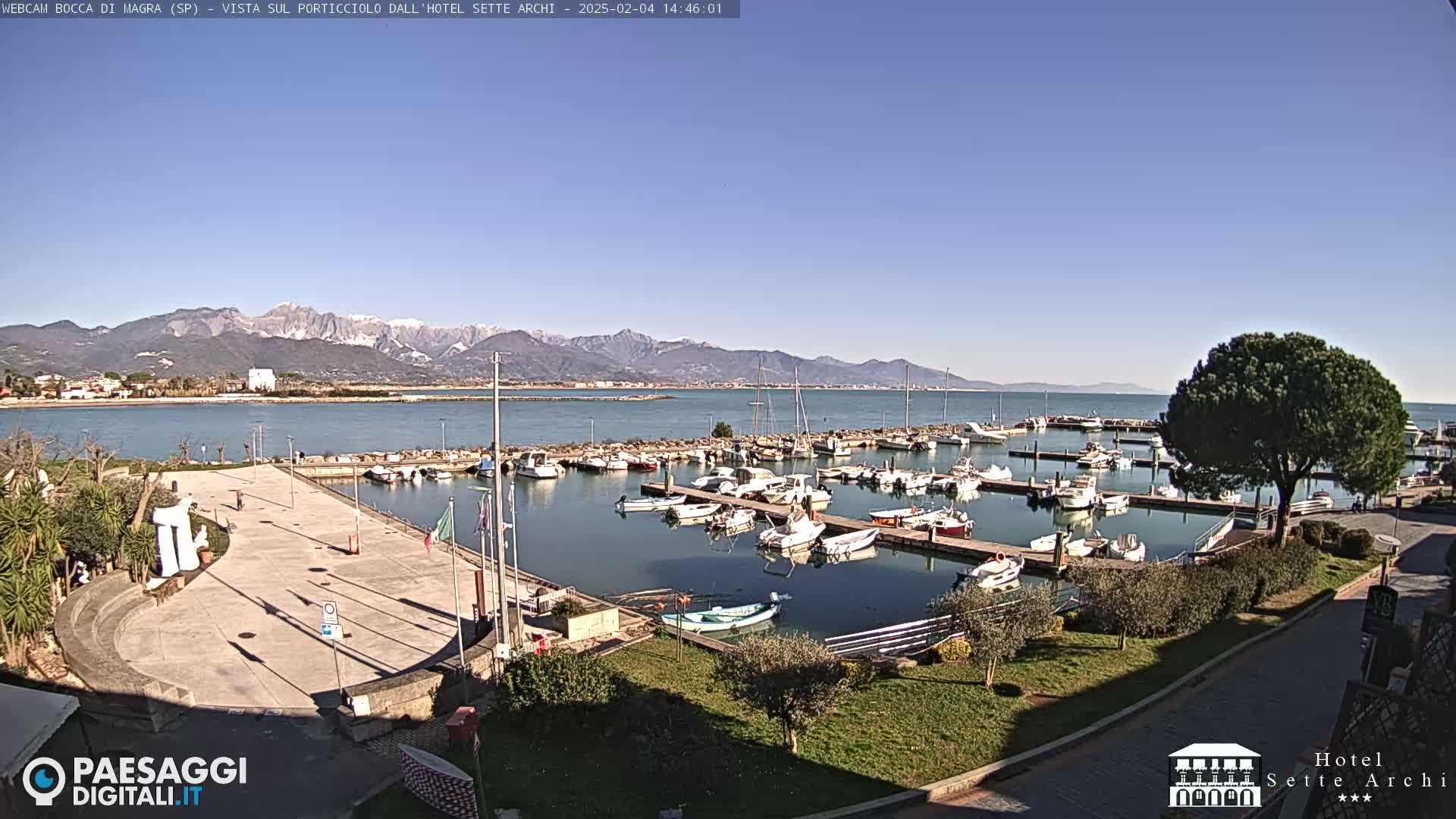A marina filled with boats sits on a calm body of water, with snow-capped mountains in the background under a clear blue sky.